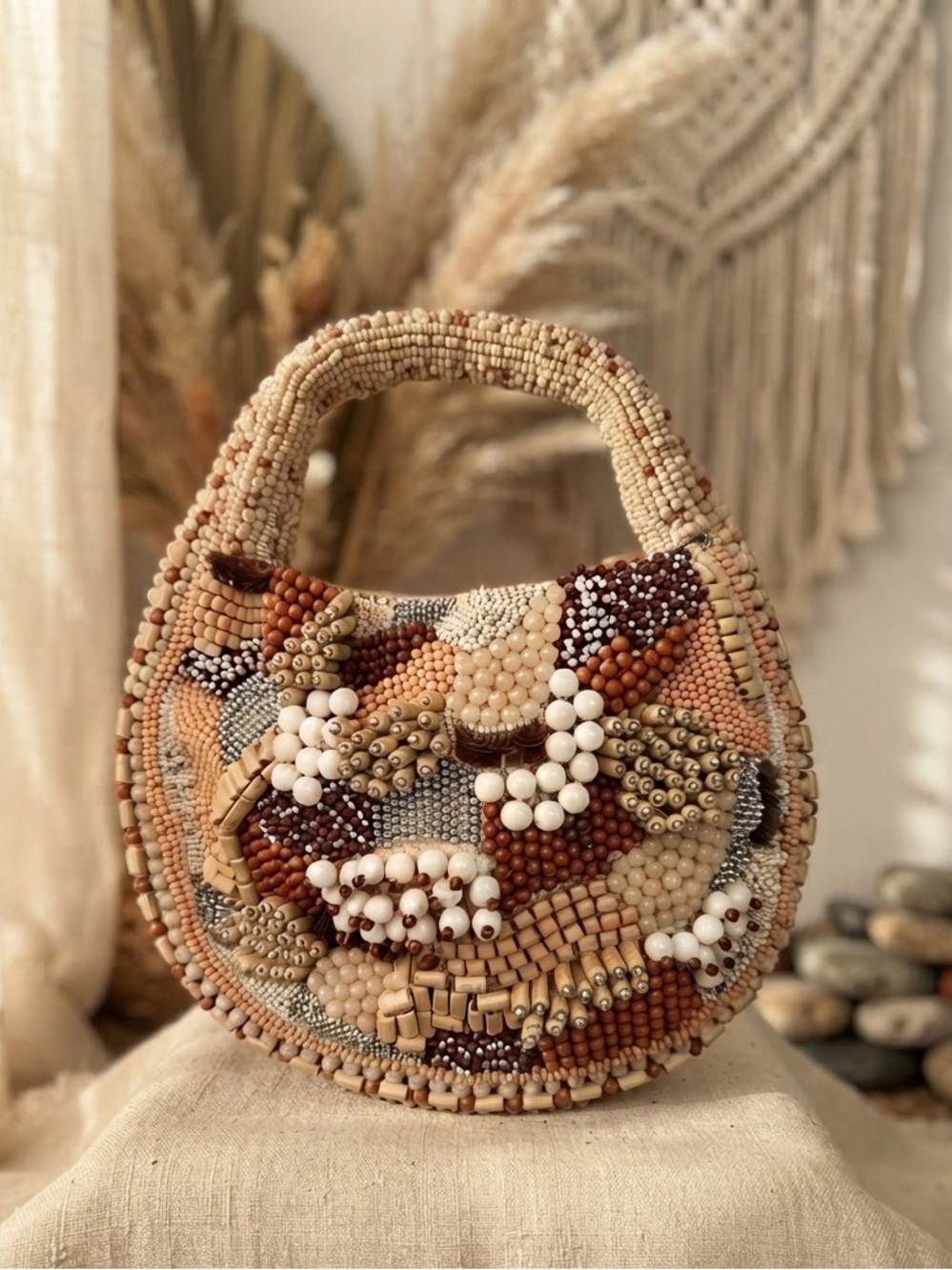 Made In India Artisan Beaded Handbag Small Patchwork Purse Wood Accent Boho Bag